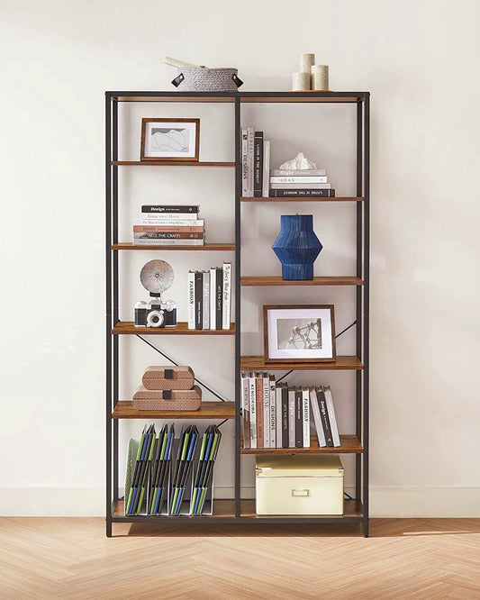 Industrial Tall Bookcase Modern Shelving Unit Wood Metal Room Divider Storage