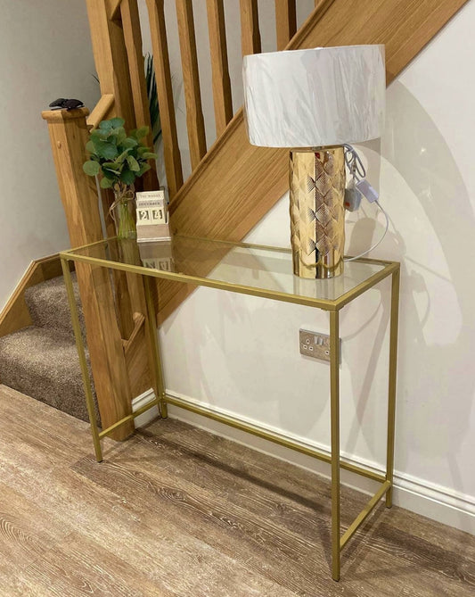 Glass Console Table Narrow Modern Hallway Cabinet Sofa End Storage Unit Metal Gold