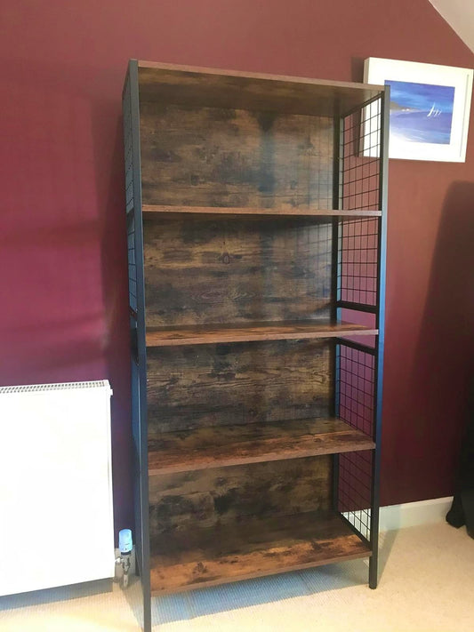 Industrial Shelving Unit Vintage Bookcase Wood Metal Mesh Display Cabinet Home Office Bookshelf