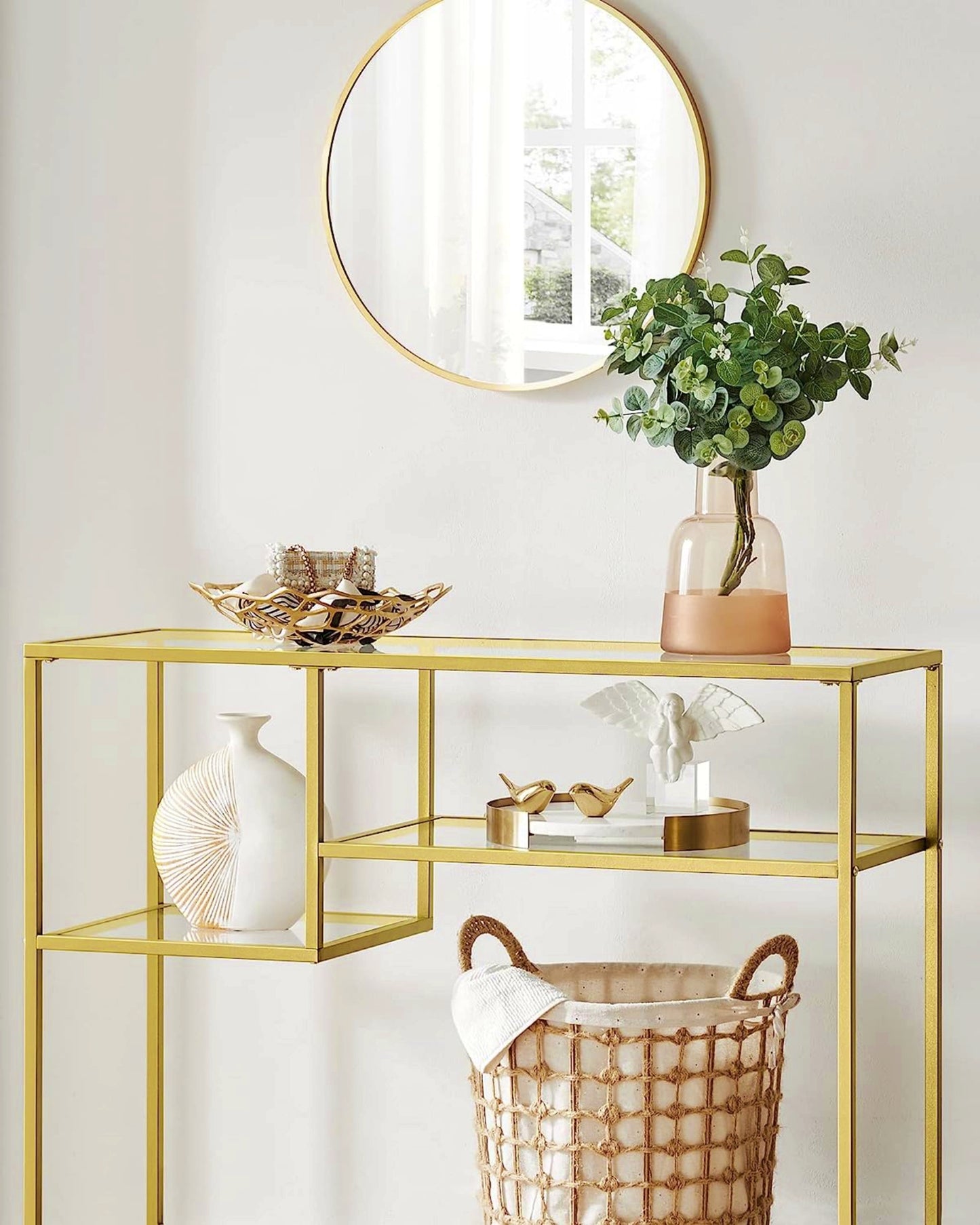 Glass Console Table Modern Hallway Storage Unit Metal Gold Display Vase Stand