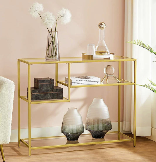 Glass Console Table Modern Hallway Storage Unit Metal Gold Display Vase Stand
