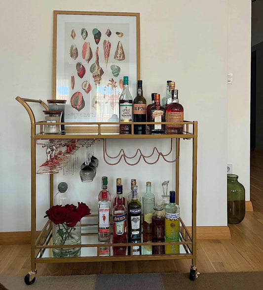 Modern Drinks Trolley Elegant Glass Bar Table Gold Cart Mirrored Breakfast Serving Tray Contemporary Wine Storage