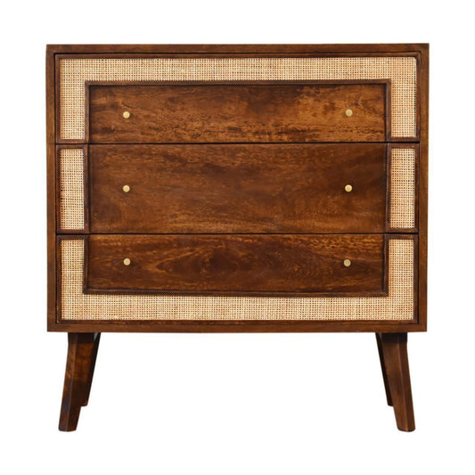 Retro Drawer Chest Solid Wood Storage Console Chestnut Large Dresser Rattan Decor Mid Century Cabinet