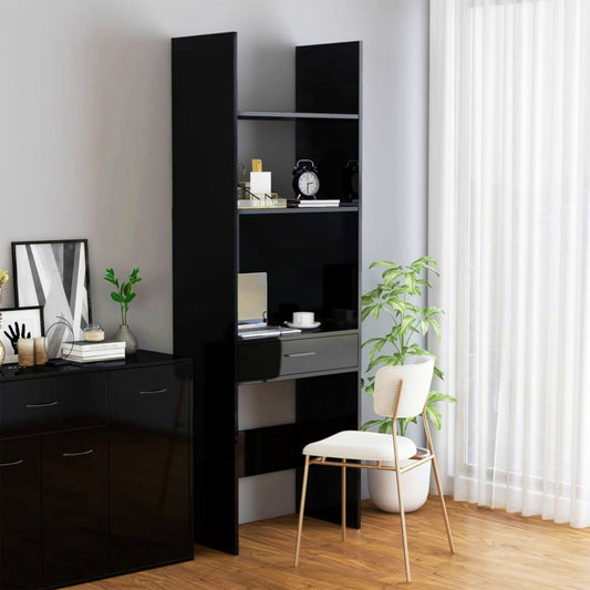 Modern Bookcase Desk Black Gloss Shelving Workstation Tall Office Storage Cabinet