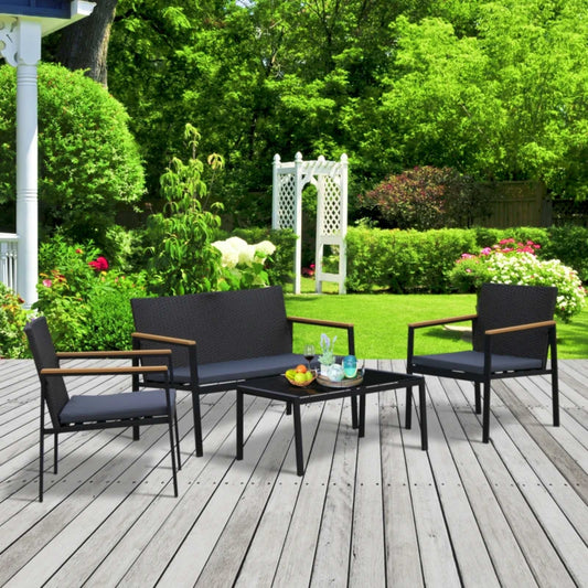 Garden Black Sofa Set With Cushion Rattan Two Seater Sofa Armchair Coffee Table Patio Modern Furniture