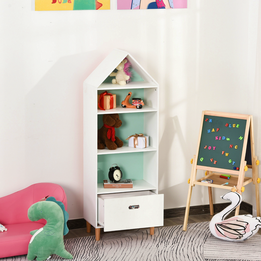Kids Storage Unit Wooden Dollhouse Bookcase White Nursery Display Cabinet with Drawer