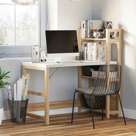 Modern White Desk Large Laptop PC Stand Contemporary Side Bookcase Writing Workstation