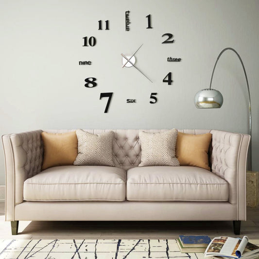 Extra Large Wall Clock 3D Mirrored Home Office Interior Decor Black Silver Sticker Timer