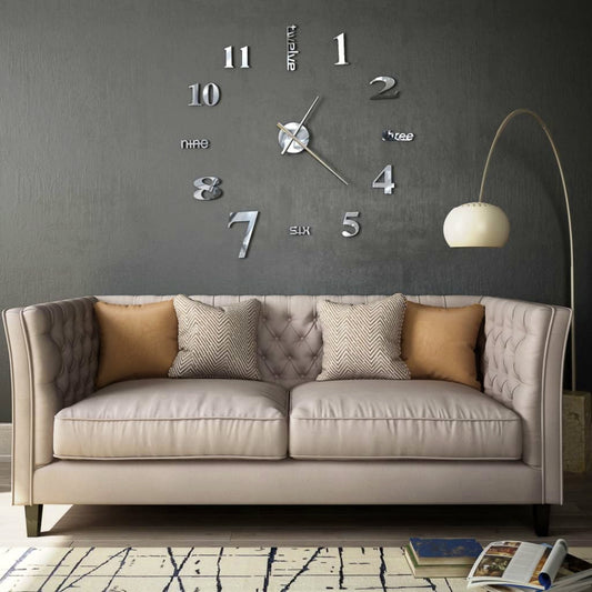 Χ Large Wall Clock 3D Mirrored Home Office Interior Decor Silver Sticker Timer