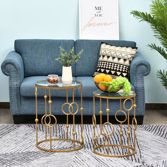 Side Table Set Round Gold Coffee Unit Modern Lounge Sofa End Stand Glass Metal Home Furniture