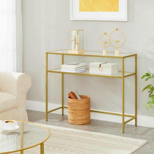Glass and Gold Metal Console Table Modern Living Room Furniture Slim Hallway Display Unit