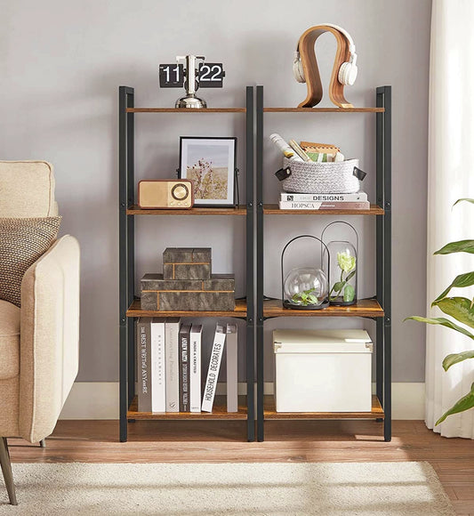 Small Industrial Bookcase Slim Shelving Unit Modern Metal Wood Storage Bookshelf