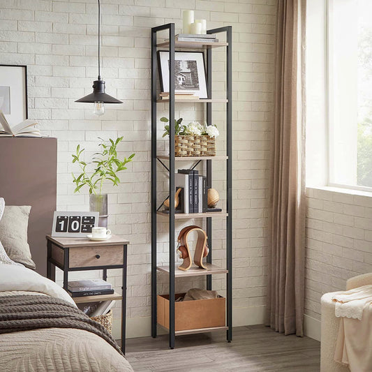 Modern Tall Bookcase Industrial Slim Shelving Unit Rustic Home Display Cabinet