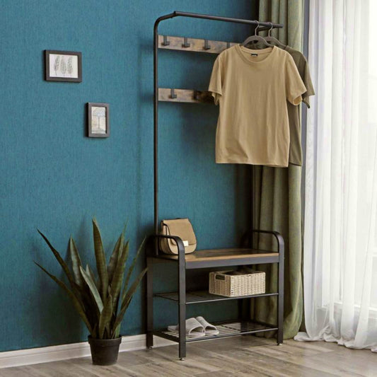 Industrial Coat Stand Rustic Hallway Clothes Rack Shoe Storage Bench Bedroom Metal Pipe Shelf Hanger