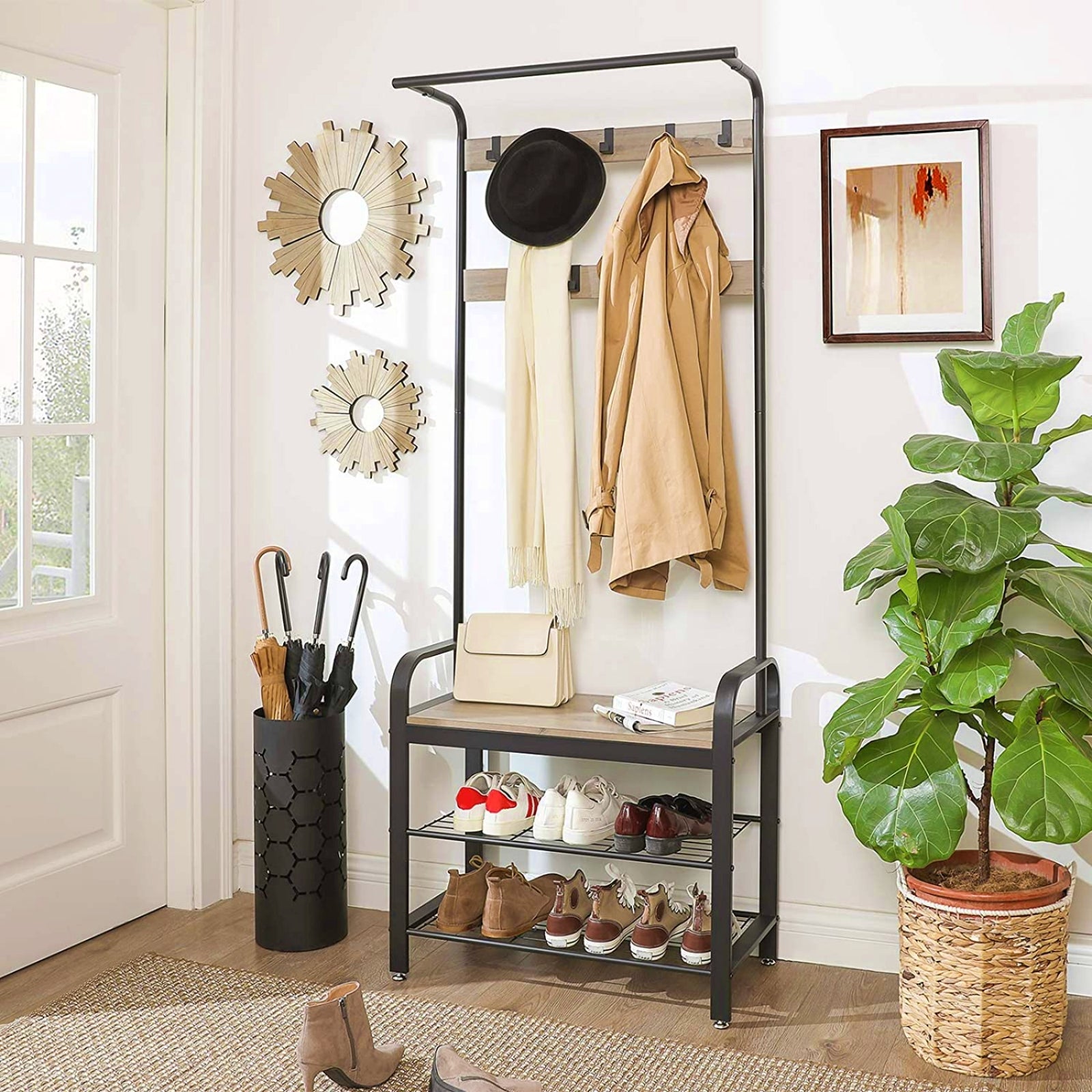 Metal entryway bench with on sale coat rack