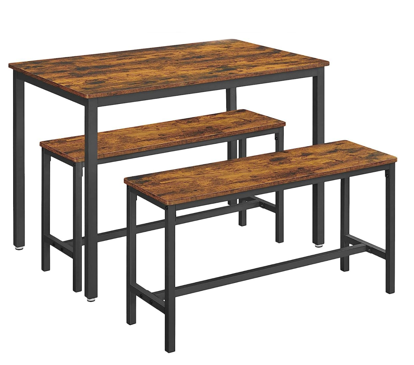 Industrial Dining Set Rustic Kitchen Table With Benches Vintage Brown Black Metal Breakfast Bar Table