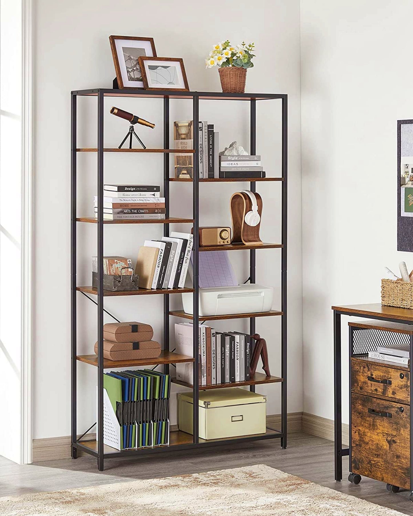 Industrial Tall Bookcase Modern Shelving Unit Wood Metal Room Divider Storage