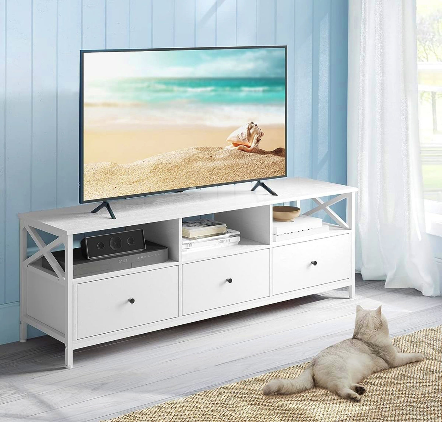 Country TV Unit White Media Storage Cabinet Lounge Large Display Console TV Stand W/ Drawers Shelves