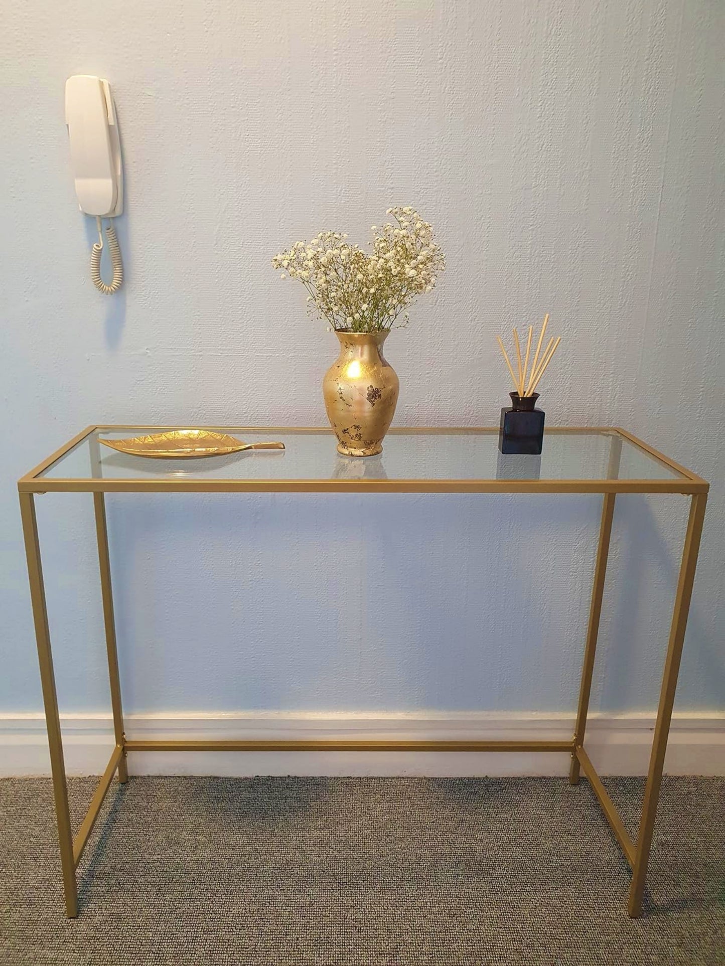 Glass Console Table Narrow Modern Hallway Cabinet Sofa End Storage Unit Metal Gold