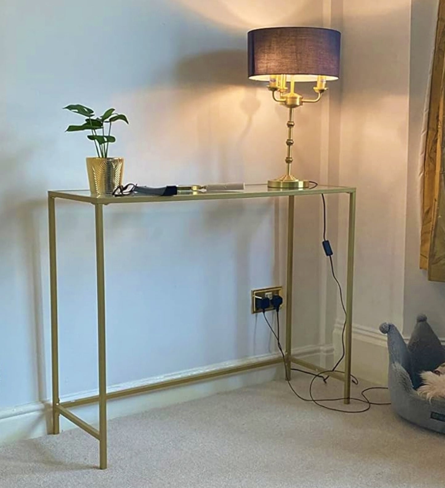 Glass Console Table Narrow Modern Hallway Cabinet Sofa End Storage Unit Metal Gold