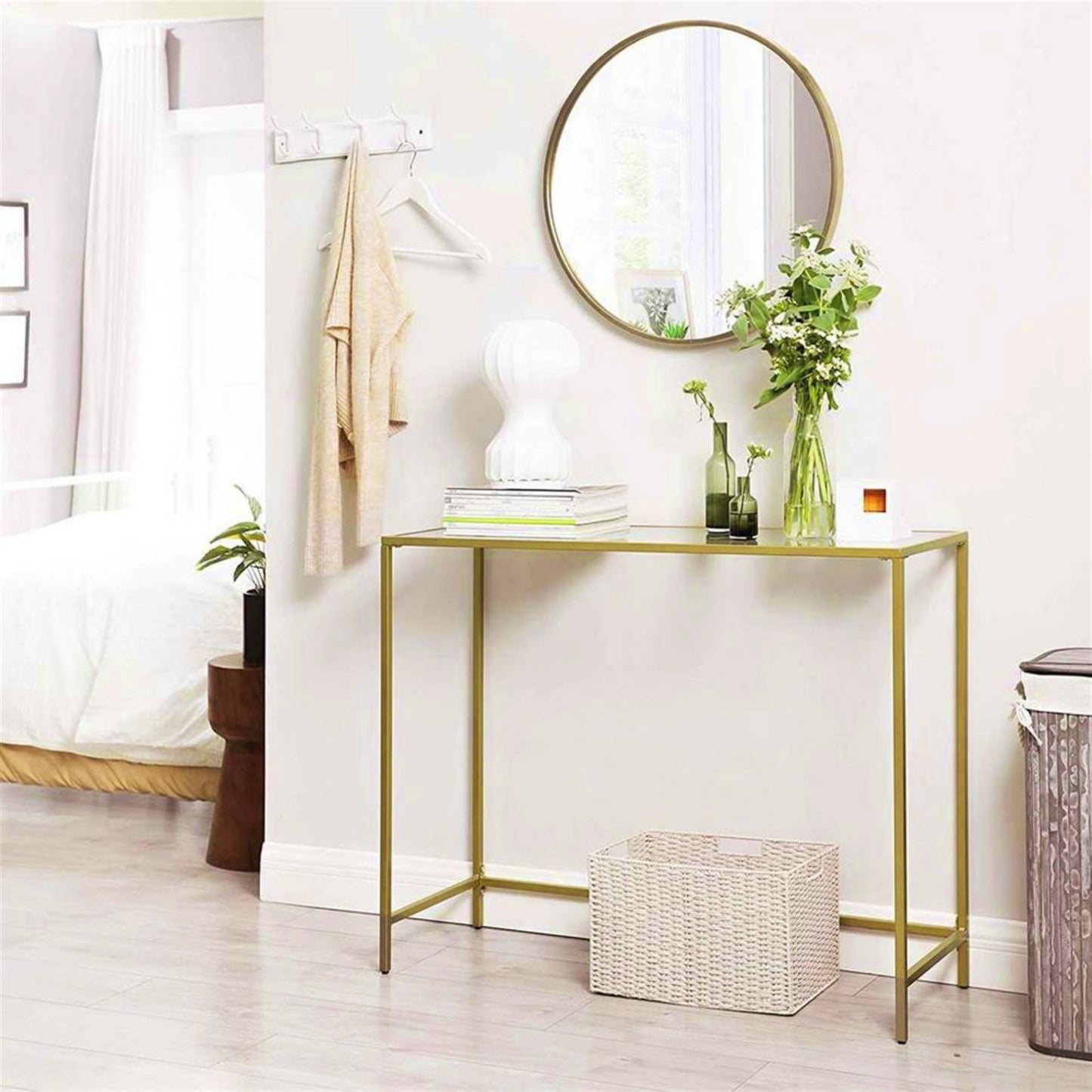 Glass Console Table Narrow Modern Hallway Cabinet Sofa End Storage Unit Metal Gold