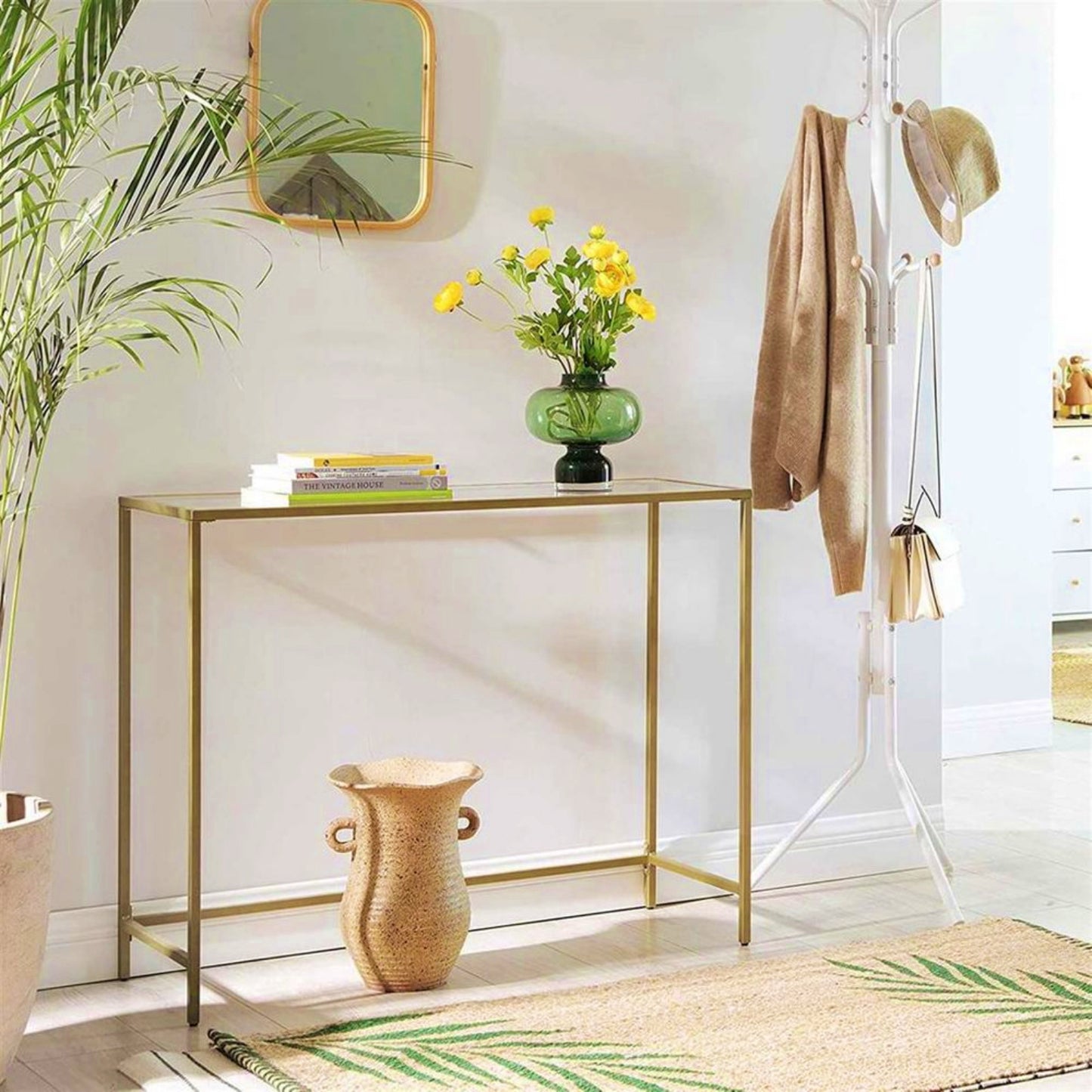 Glass Console Table Narrow Modern Hallway Cabinet Sofa End Storage Unit Metal Gold