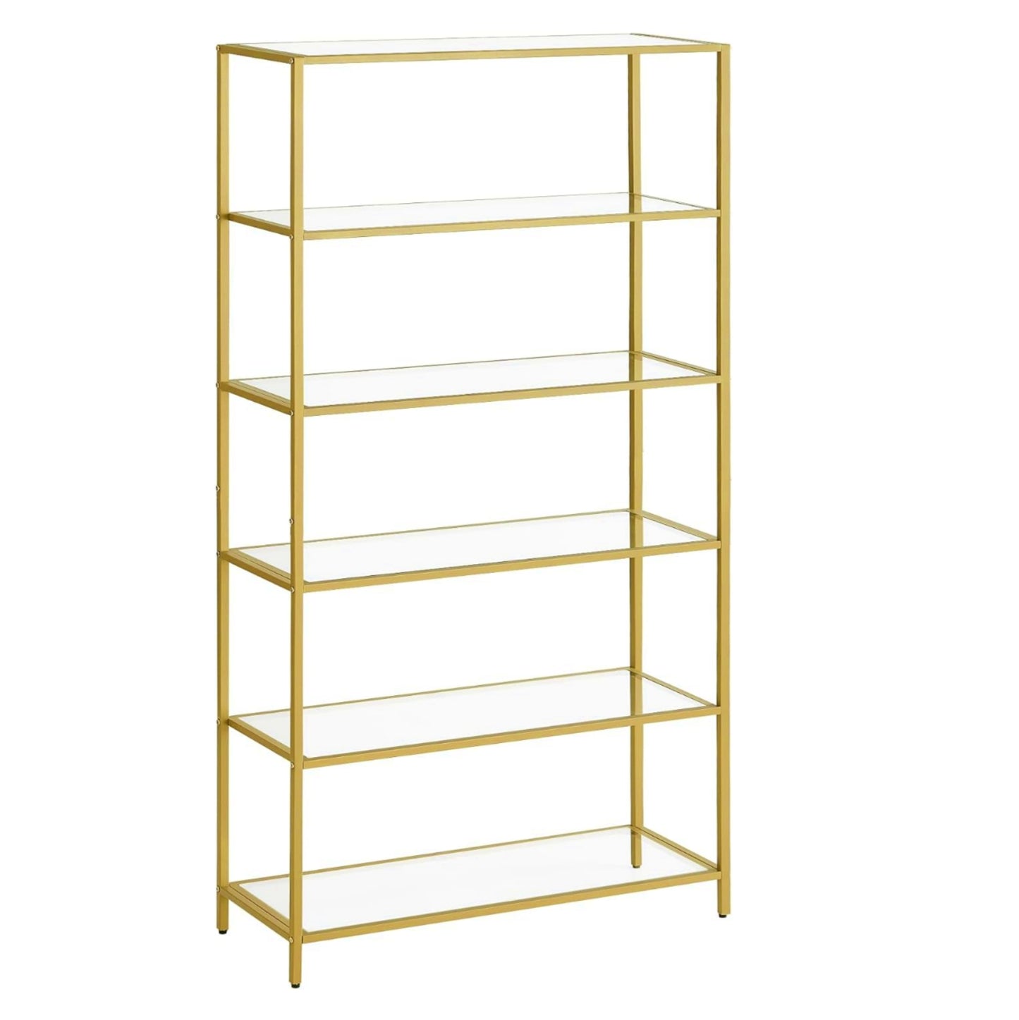 Tall Glass Bookcase Modern 6-Tier Shelving Unit Metal Gold Narrow Display Cabinet