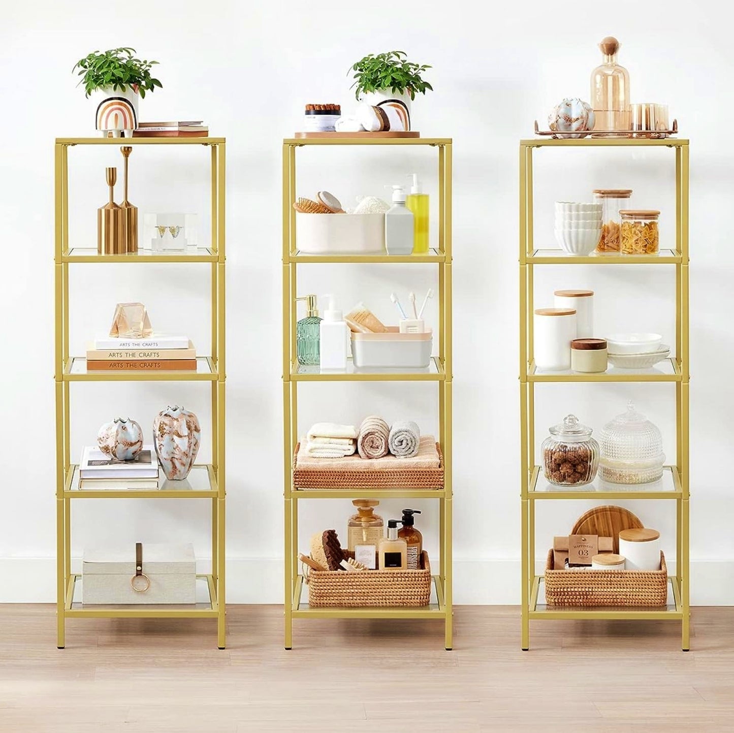 Glass Shelving Unit Modern Glass 5-Tier Rack Metal Bookcase Gold Narrow Cabinet