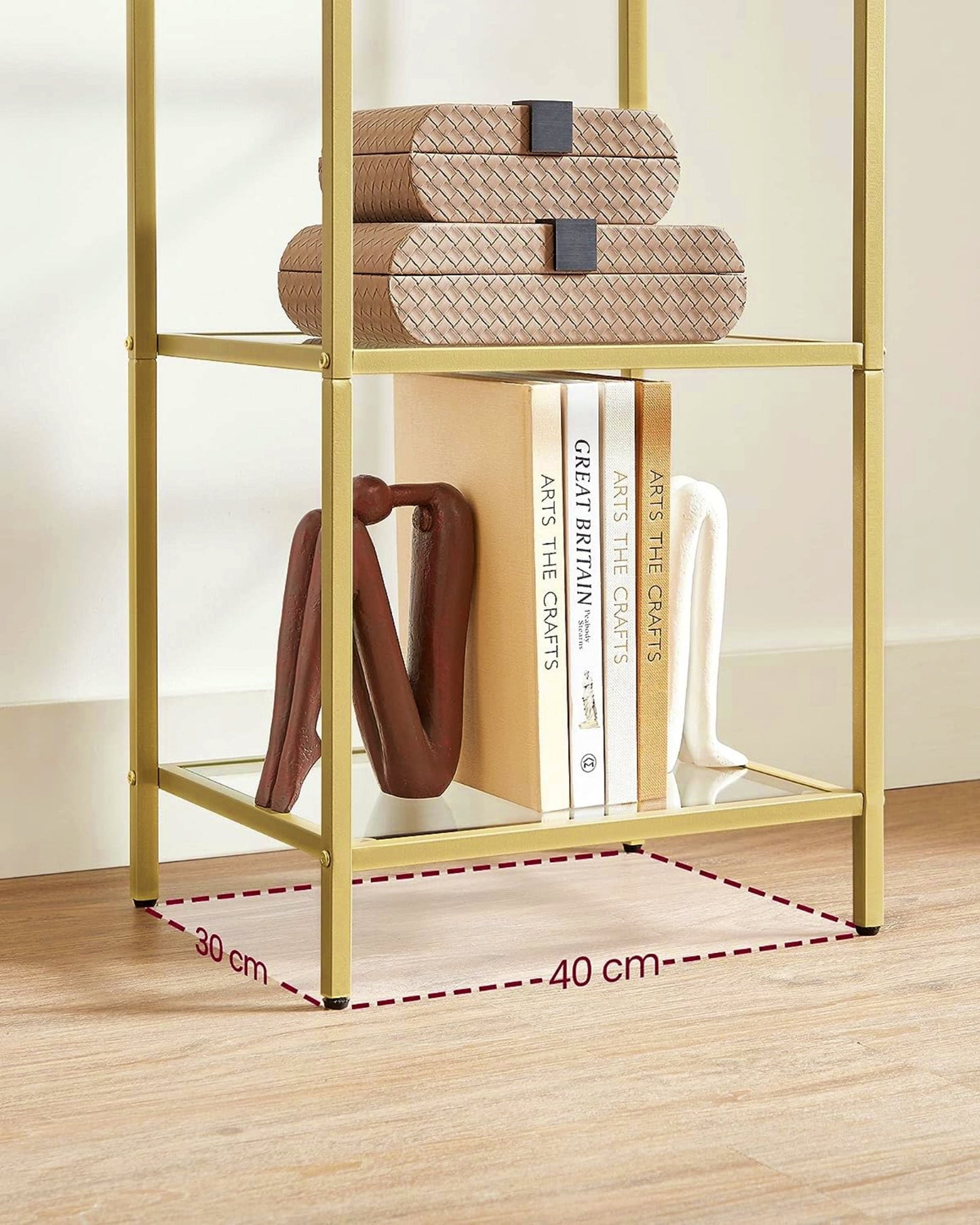 Glass Shelving Unit Modern Glass 5-Tier Rack Metal Bookcase Gold Narrow Cabinet