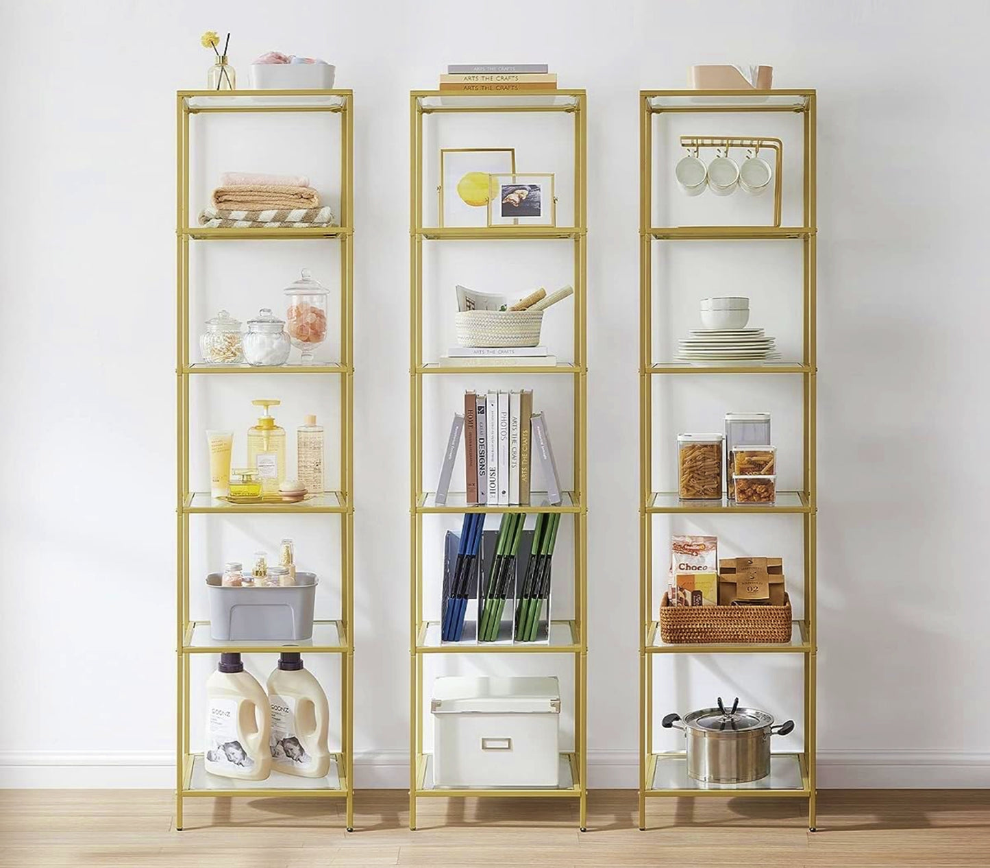 Tall Glass Shelving Unit Modern Glass 6-Tier Bookcase Metal Gold Narrow Storage Cabinet