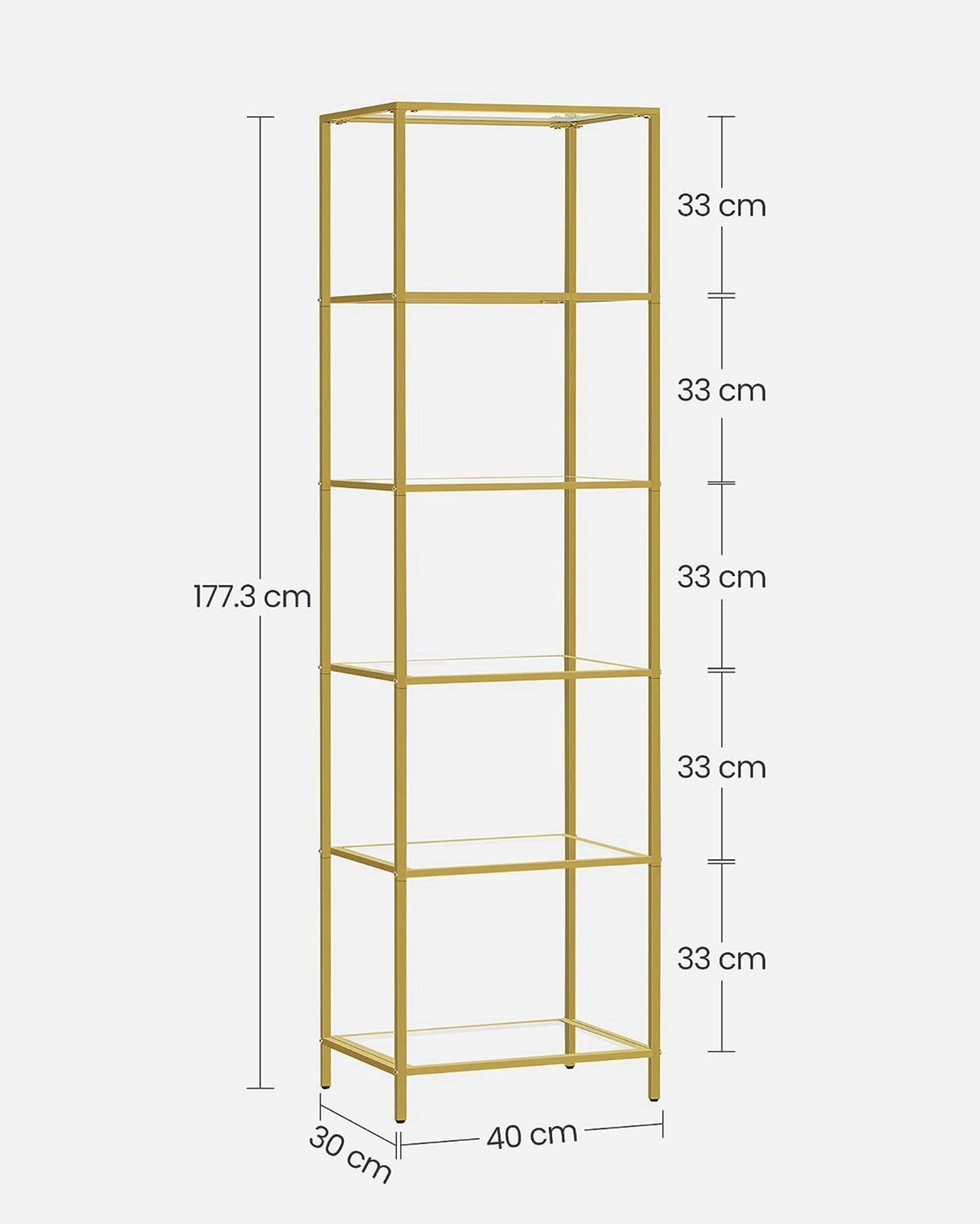 Tall Glass Shelving Unit Modern Glass 6-Tier Bookcase Metal Gold Narrow Storage Cabinet