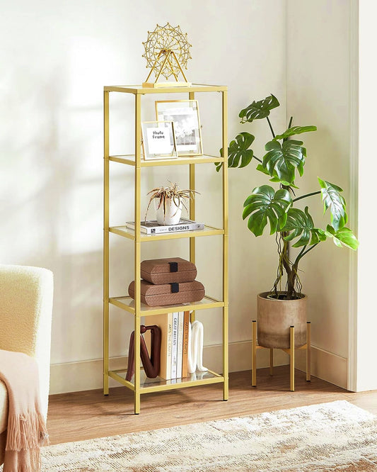 Glass Shelving Unit Modern Glass 5-Tier Rack Metal Bookcase Gold Narrow Cabinet