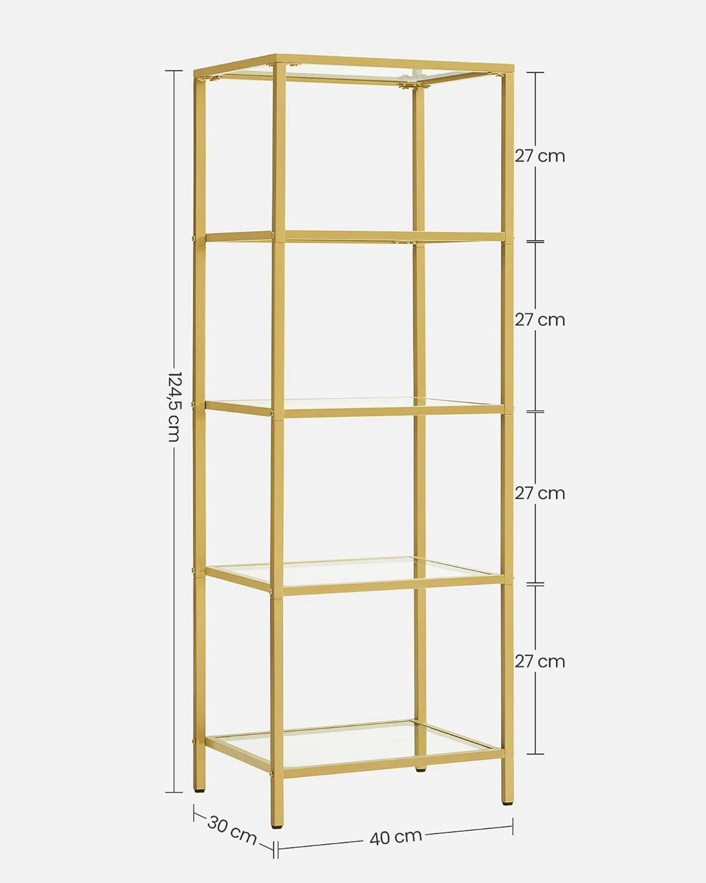 Glass Shelving Unit Modern Glass 5-Tier Rack Metal Bookcase Gold Narrow Cabinet