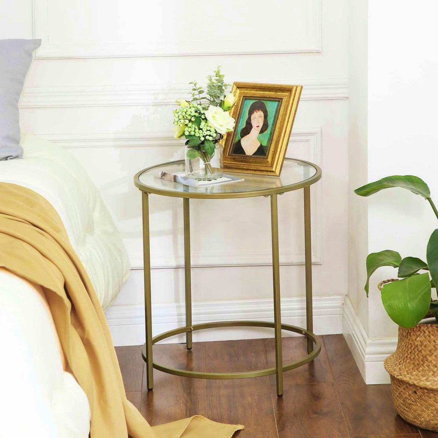 Glass Side Table Modern Gold Clear Top Contemporary Metal End Coffee Stand