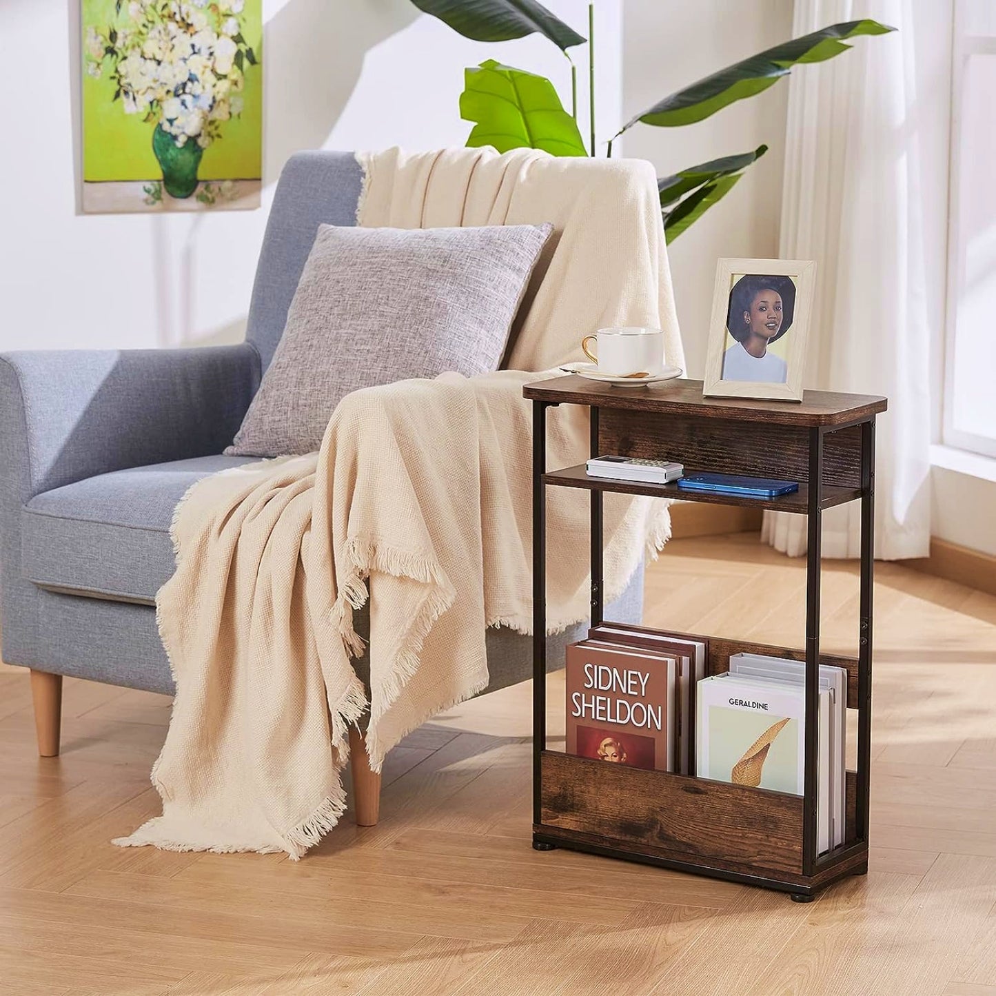 Industrial Accent Table Vintage Narrow Book Storage Unit Sofa Side Nightstand