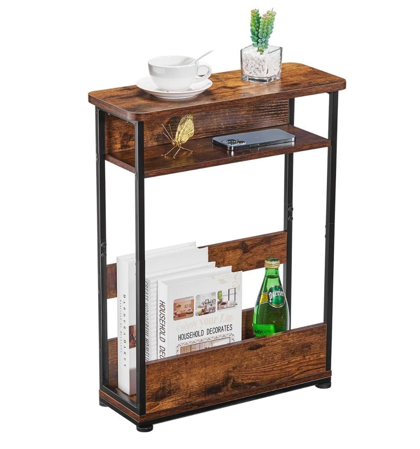 Industrial Accent Table Vintage Narrow Book Storage Unit Sofa Side Nightstand