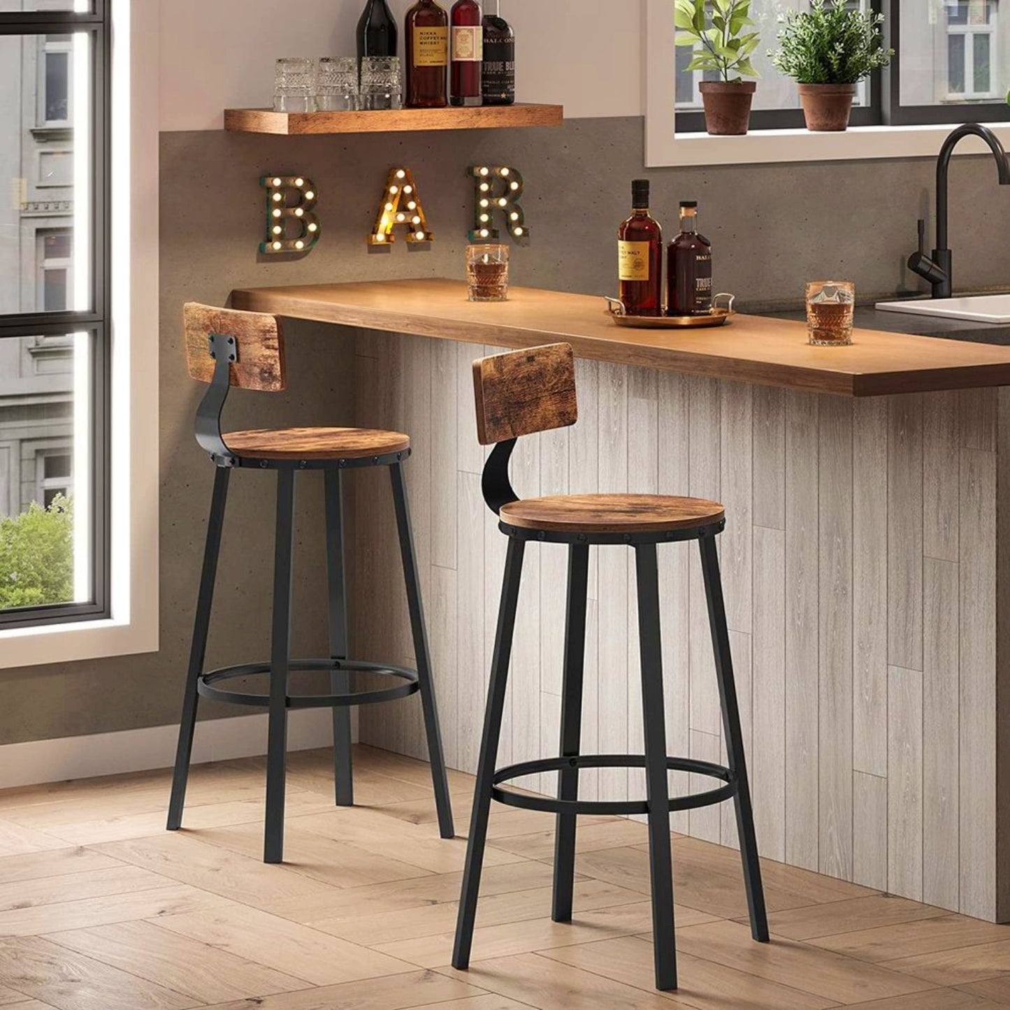 Industrial Bar Stool Set Kitchen Counter Seat Vintage Wood Metal Dining High Seat