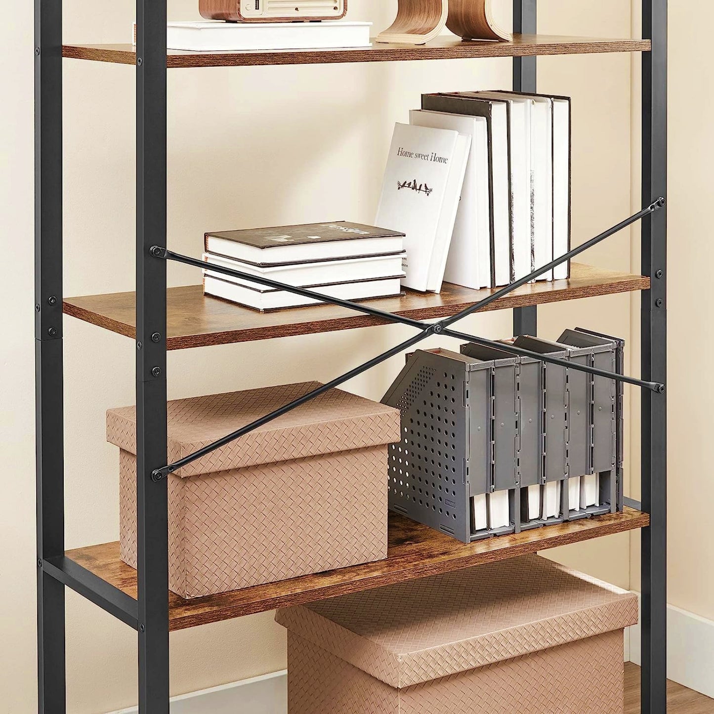 Industrial Wide Bookcase 4-Tiers Shelving Unit Modern Rustic Storage Bookshelf