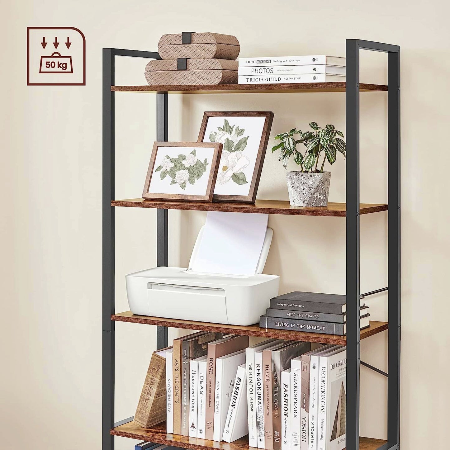 Industrial Wide Bookcase 4-Tiers Shelving Unit Modern Rustic Storage Bookshelf