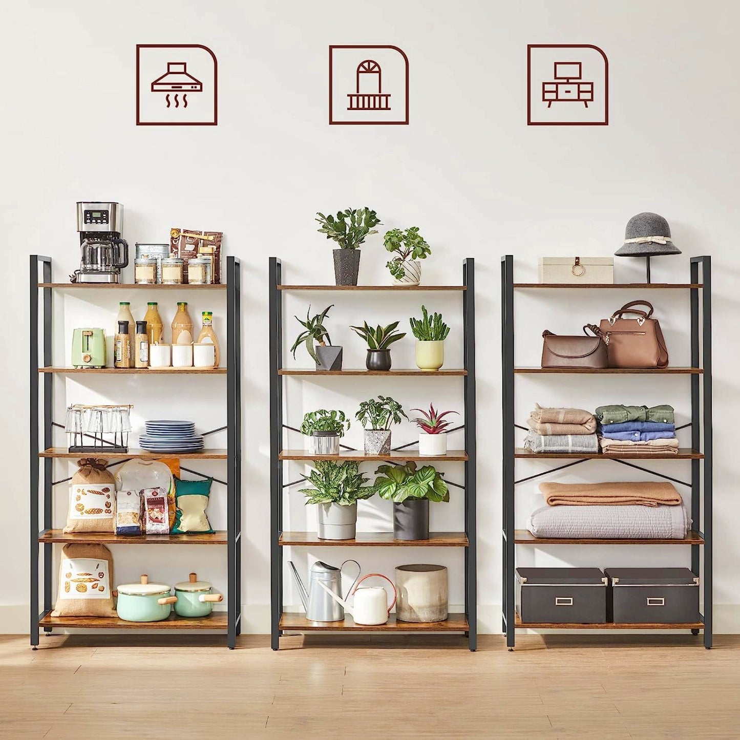 Industrial Wide Bookcase 4-Tiers Shelving Unit Modern Rustic Storage Bookshelf