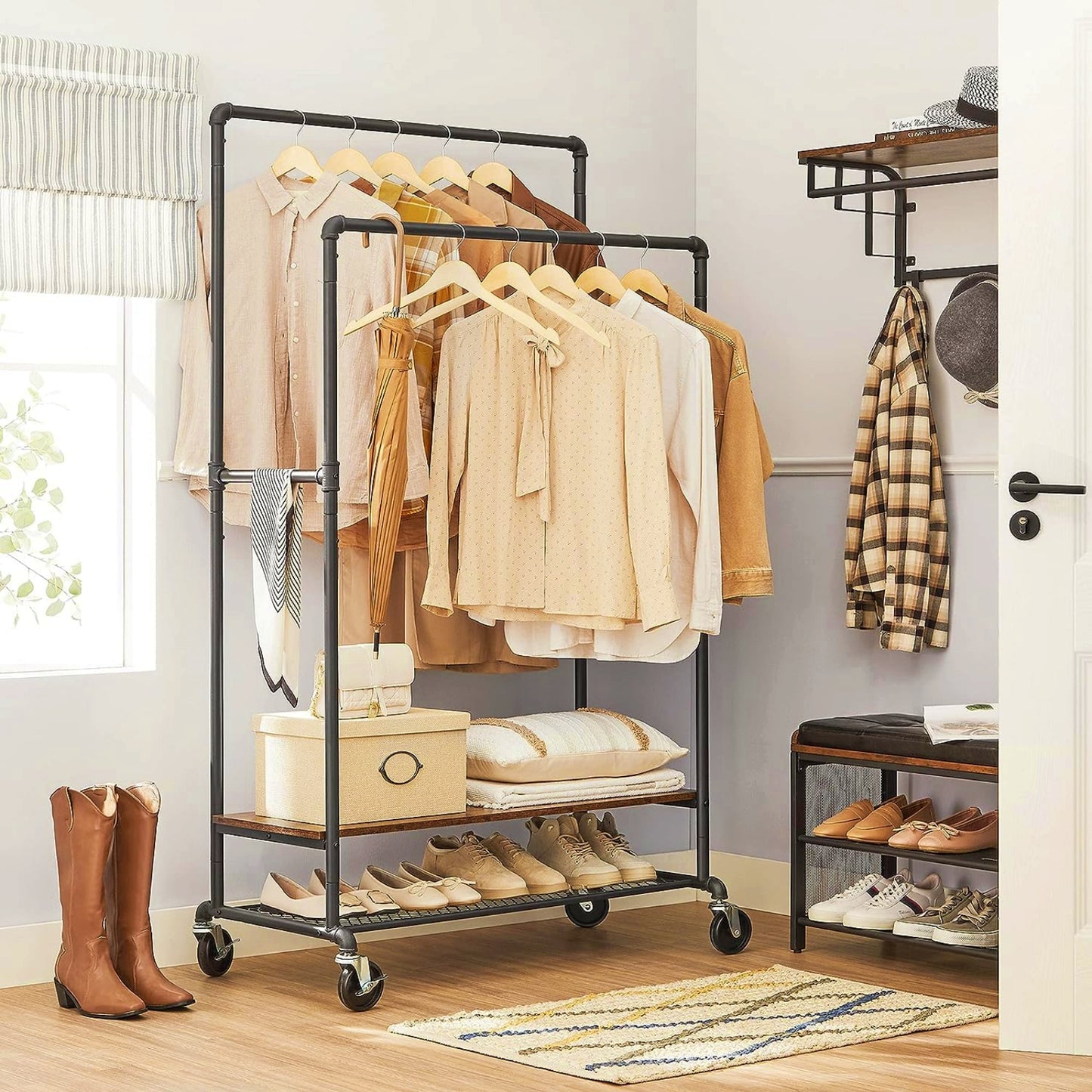 Industrial Clothes Rail Metal Pipe Coat Stand Shoe Storage Shelf Freestanding Rolling Cart