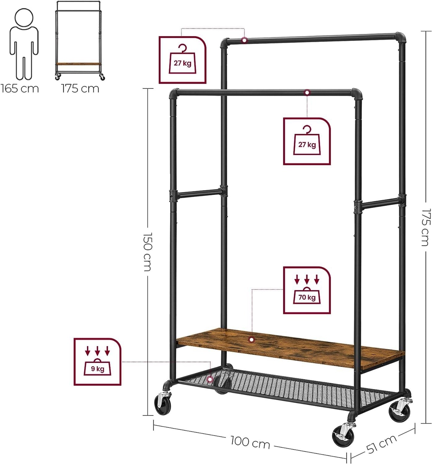 Industrial Clothes Rail Metal Pipe Coat Stand Shoe Storage Shelf Freestanding Rolling Cart