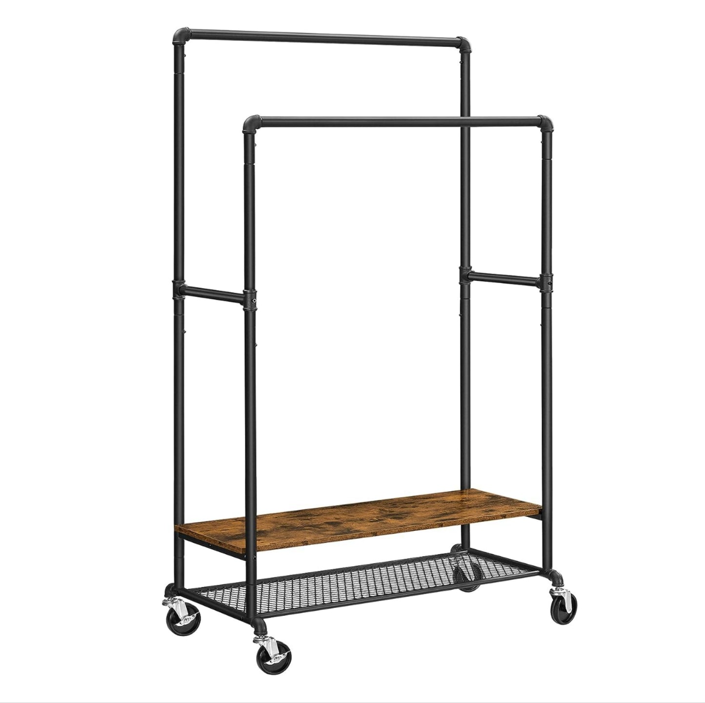 Industrial Clothes Rail Metal Pipe Coat Stand Shoe Storage Shelf Freestanding Rolling Cart