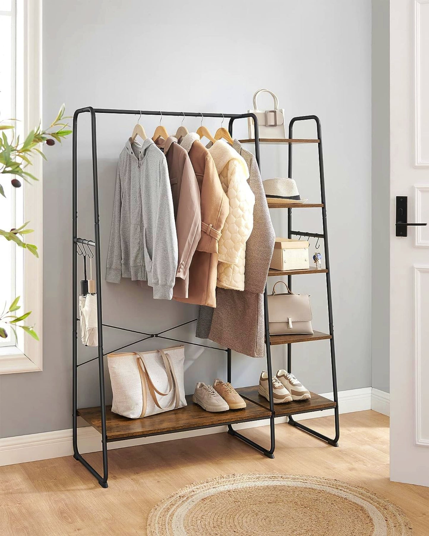 Industrial Clothes Rail Vintage Open Wardrobe Hallway Coat Rack Rustic Shelving Unit Shoe Storage Cabinet