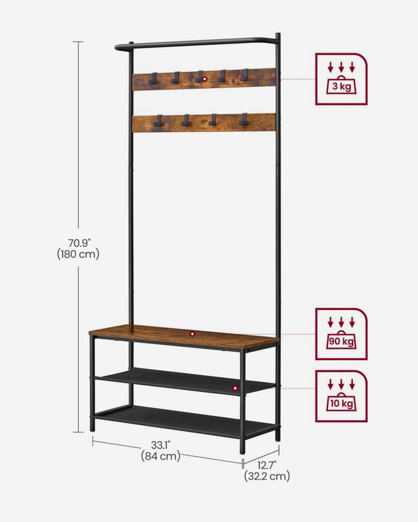 Hallway Coat Rack Industrial Tall Clothes Storage Tree Vintage Shoe Bench Stand