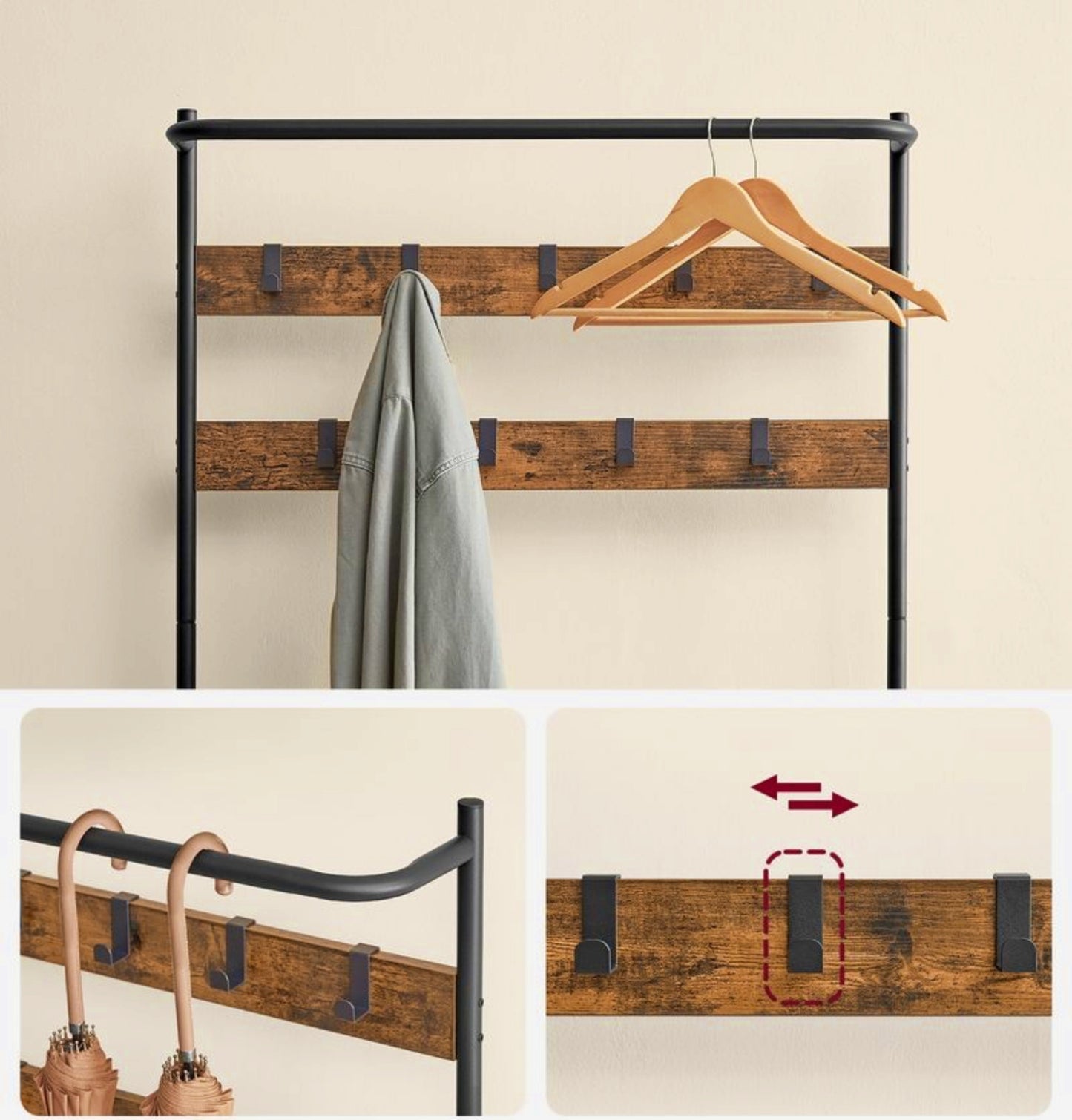 Hallway Coat Rack Industrial Tall Clothes Storage Tree Vintage Shoe Bench Stand