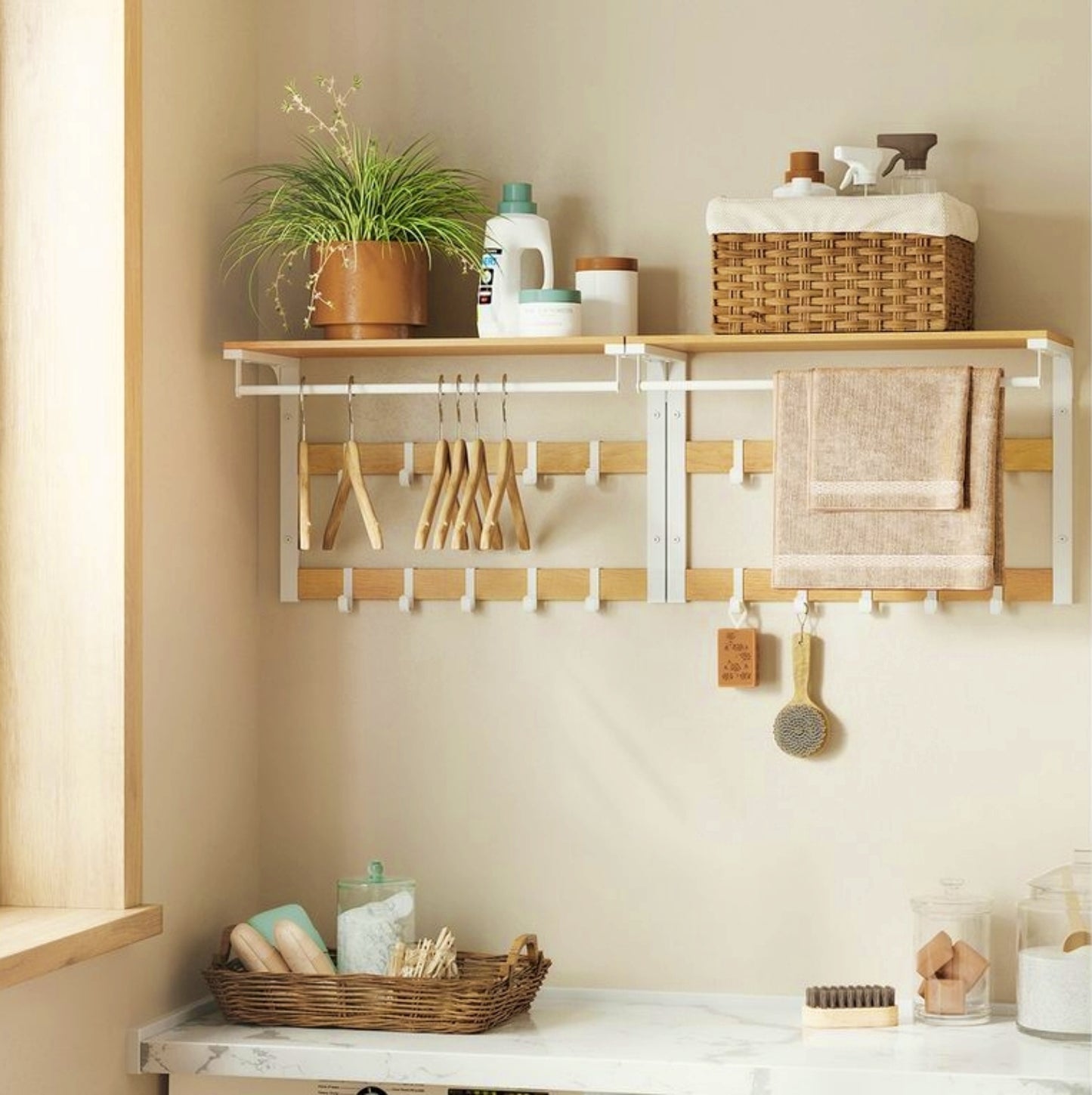 Hallway Coat Stand Wood Metal Clothes Rail Bathroom Hanging Towel Rack Home Storage Shelving Unit