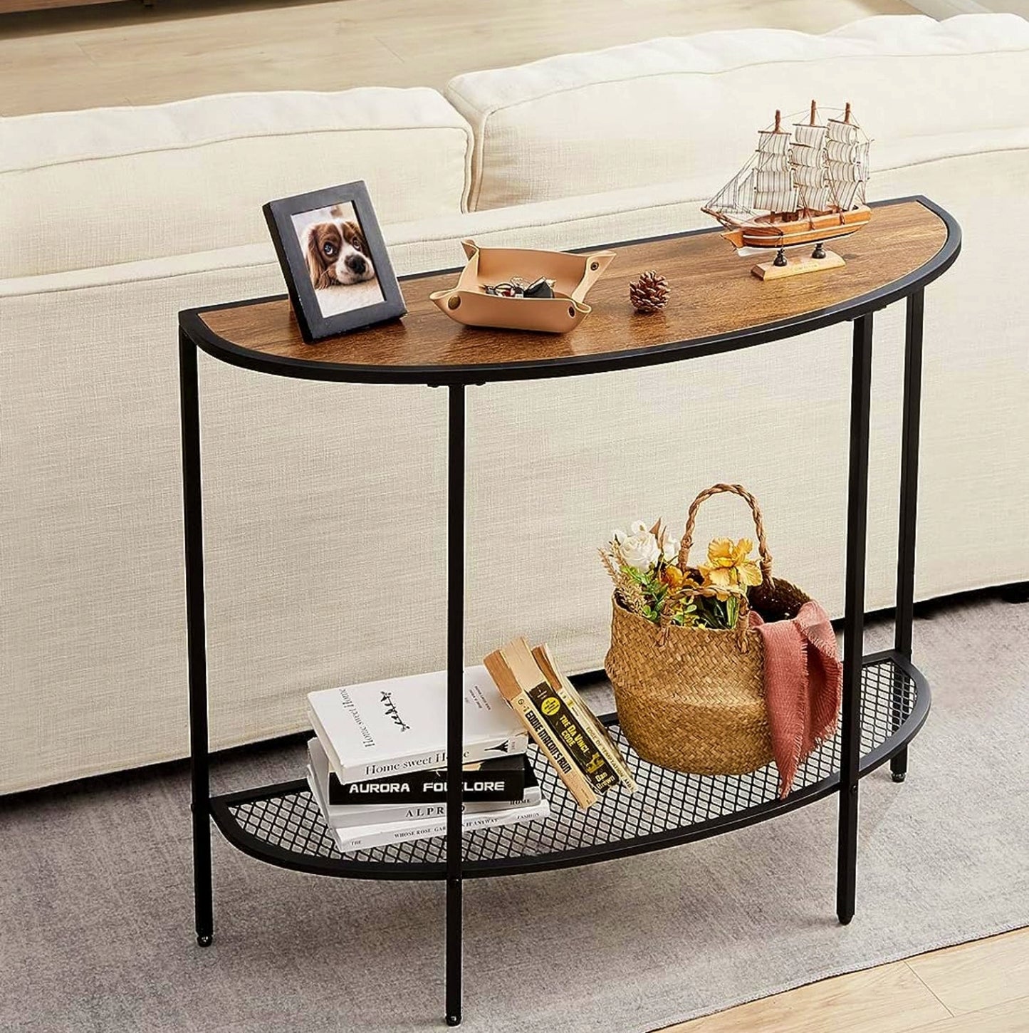 Industrial Console Table Half Moon Semicircle Hallway Sofa Display Storage Unit