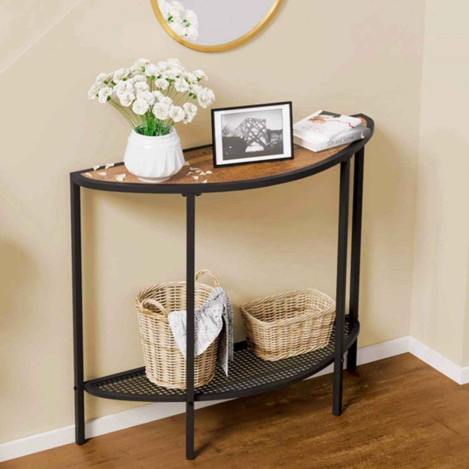 Industrial Console Table Half Moon Semicircle Hallway Sofa Display Storage Unit