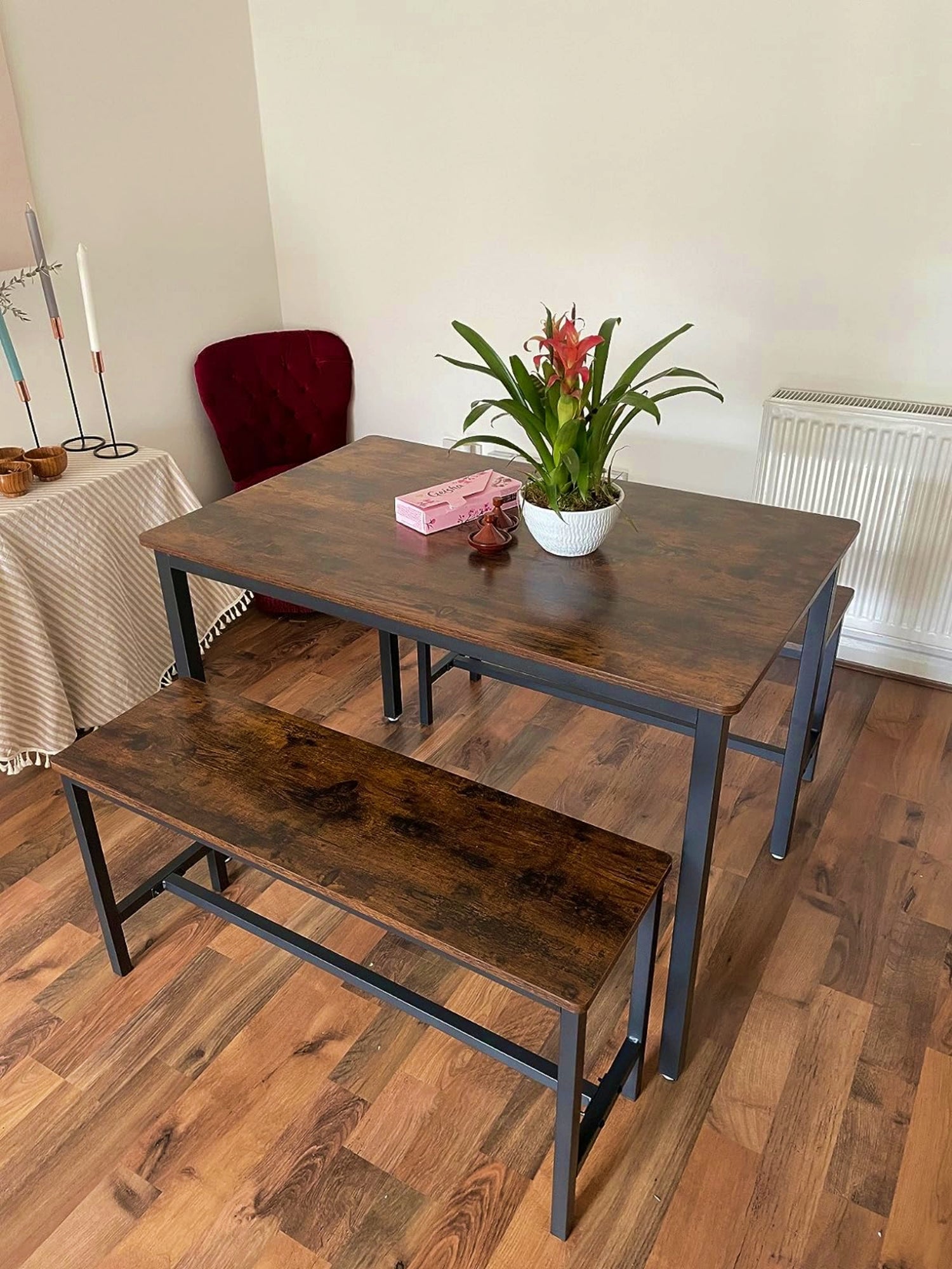 Industrial Dining Set Rustic Kitchen Table With Benches Vintage Brown Black Metal Breakfast Bar Table